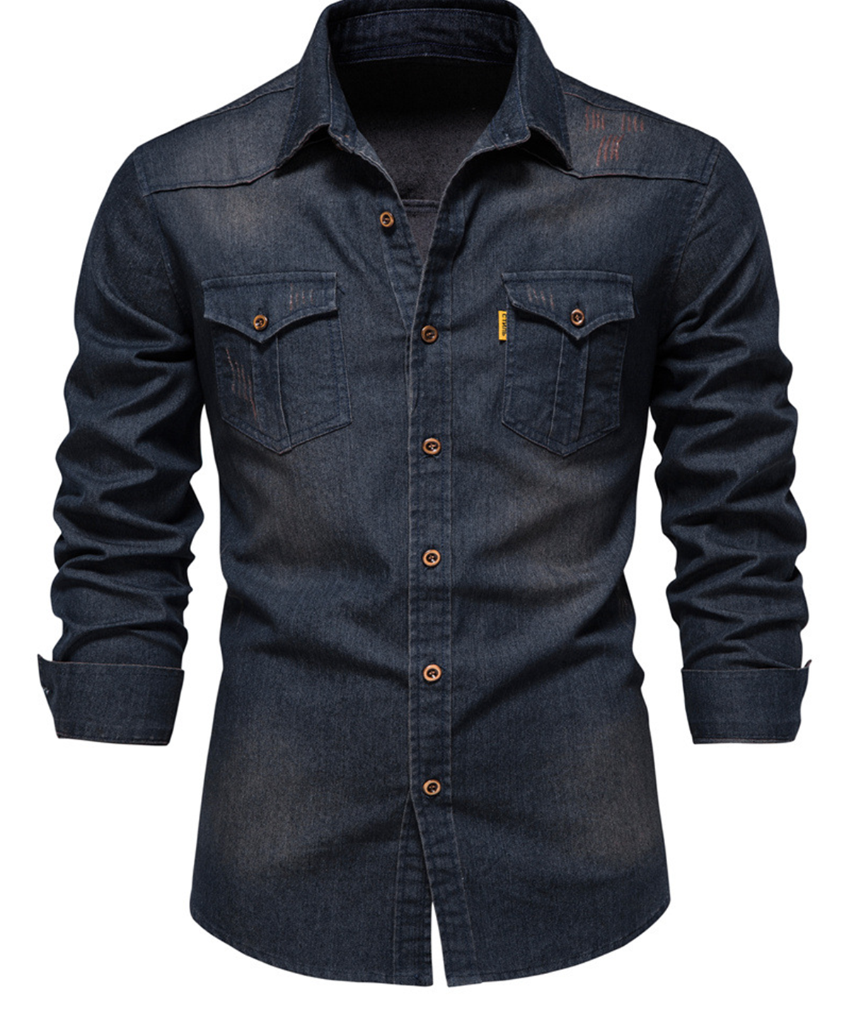 Långärmad avslappnad vintage bomullsskjorta med denimficka för män
