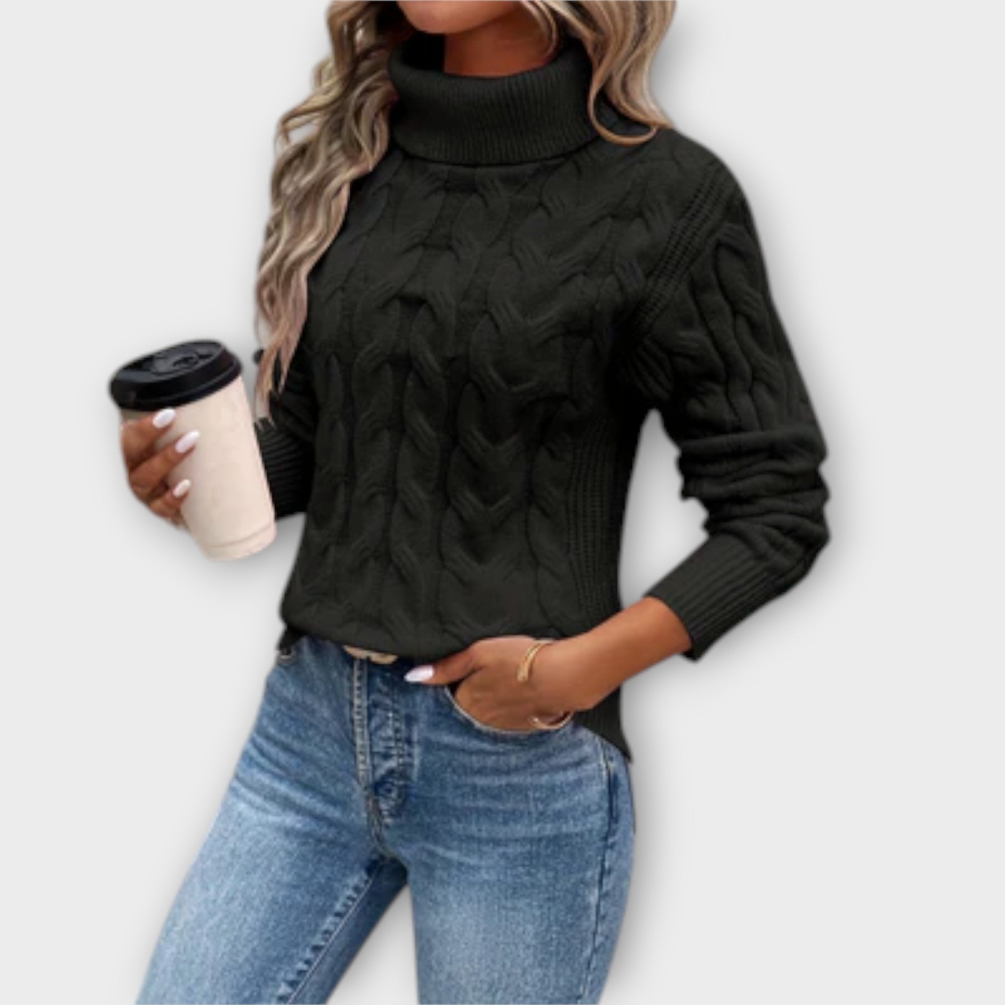Amelia | Chic Stickad Tröja with High Collar and Striped Pattern